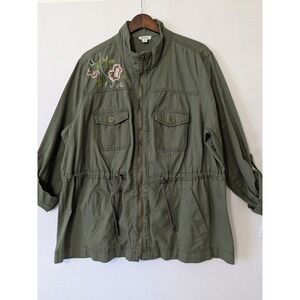 Westport Womens 2X Olive Green Floral Embroidered Utility Jacket Full Zip New